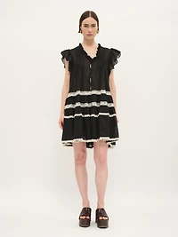 Ruffled Cotton Mini Dress with Contrast Lace Trim