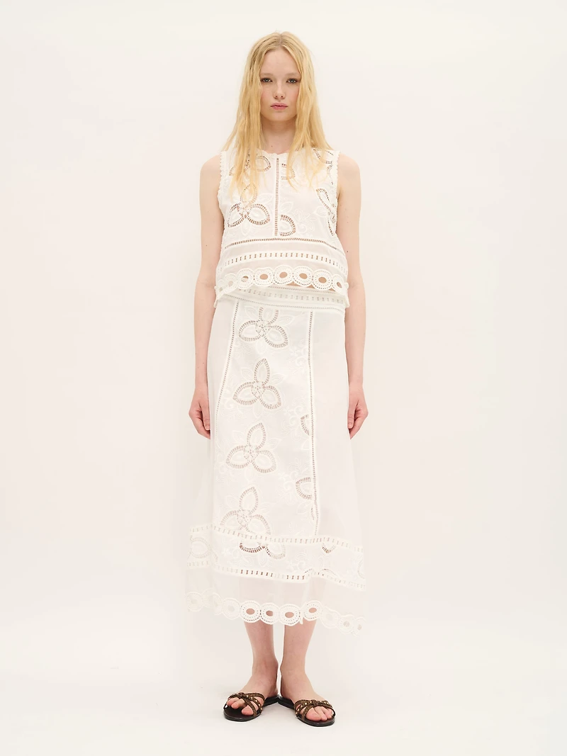 Embroidered Midi Skirt White Cotton