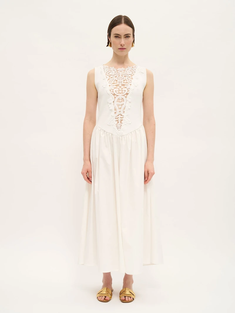 Robe midi en coton avec dentelle sur le devant