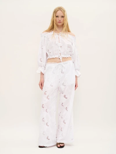 Wide-Leg Embroidered Cotton Pants