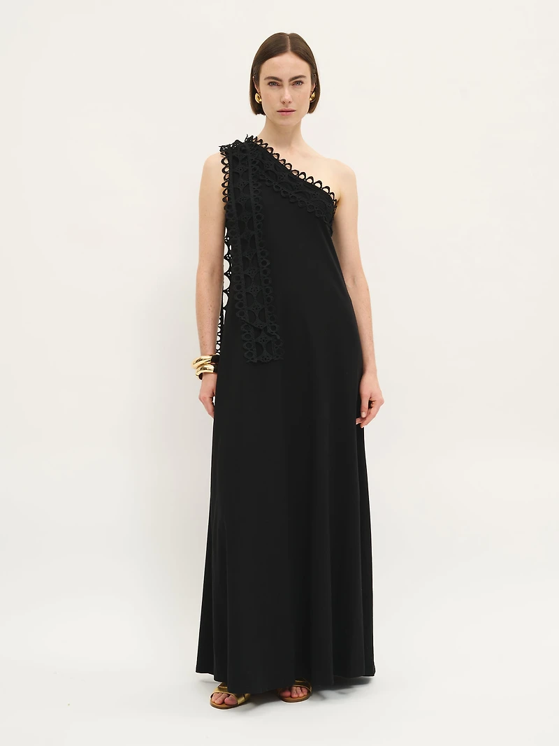 Black One-Shoulder Embroidered Dress