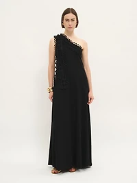 Black One-Shoulder Embroidered Dress
