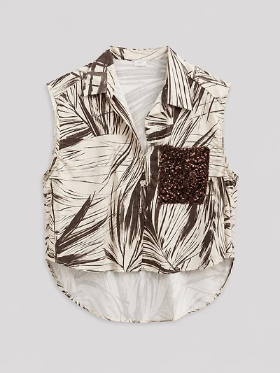 Tropical Print Sequin Pocket Blouse