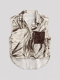 Tropical Print Sequin Pocket Blouse