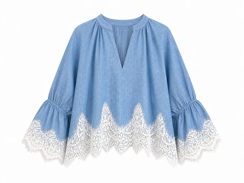 Lace Trim Chambray Blouse
