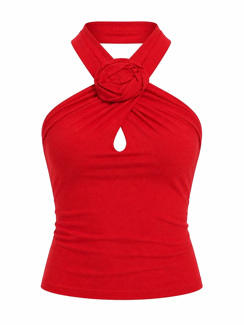 Red Draped Top Floral Detail