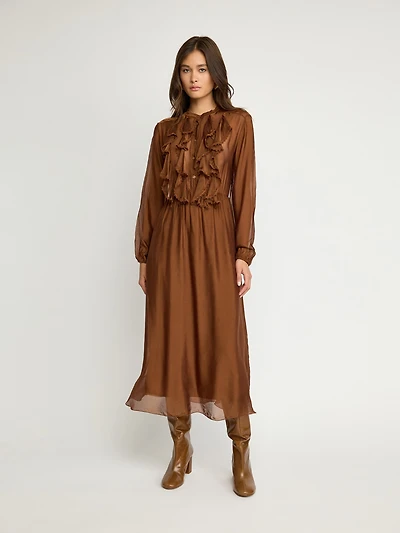 Robe midi à volants en soie mélangée