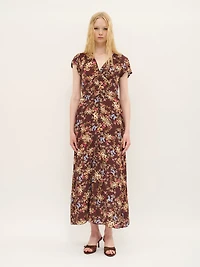 Floral Cap-Sleeve Midi Dress Burgundy Bloom