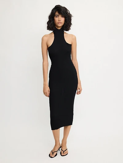 Black Ribbed Halter Maxi Dress