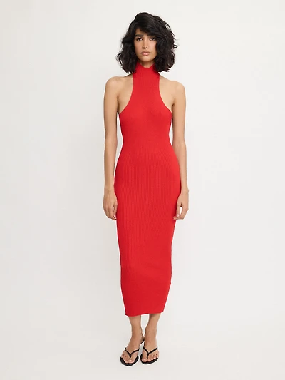 Robe longue dos nu côtelée rouge