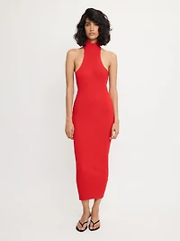 Robe longue dos nu côtelée rouge