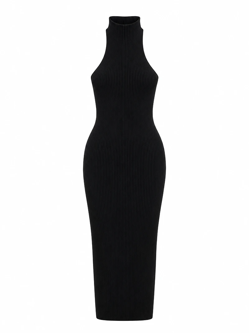 Black Ribbed Halter Maxi Dress