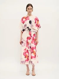 Robe midi ceinturée à motif coquelicot aquarelle