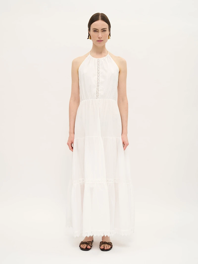 Halter Cotton Maxi Dress with Lace Trim