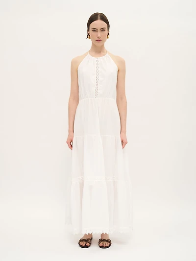 Halter Cotton Maxi Dress with Lace Trim