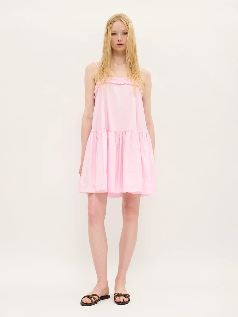 Mini-robe babydoll à volants en coton rose