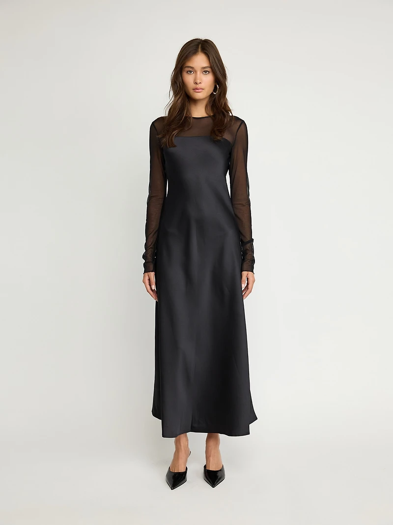 Long Sheer-Sleeve Dress Satin Finish