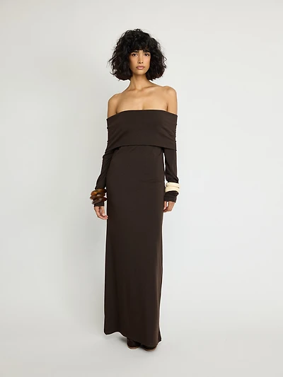 Robe longue en jersey à épaules dénudées