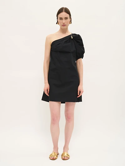 One-Shoulder Cotton Mini Dress with Gold Accent