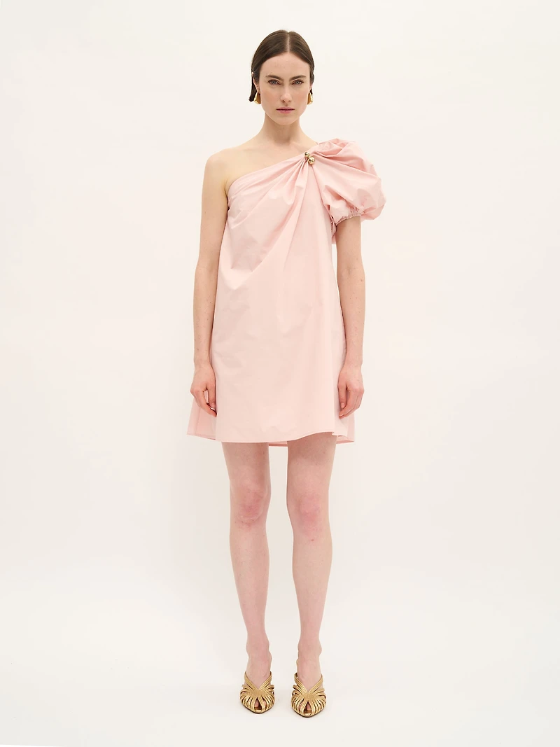 One-Shoulder Cotton Mini Dress with Gold Accent