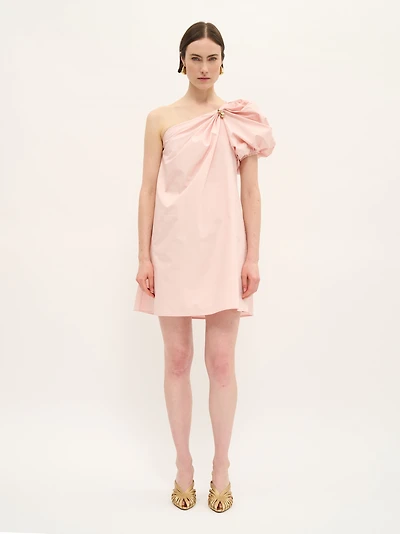 One-Shoulder Cotton Mini Dress with Gold Accent