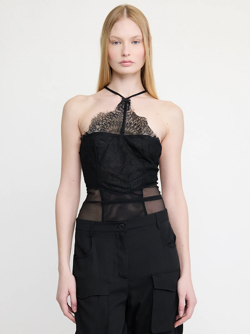 Midnight Lace Halter Bodysuit