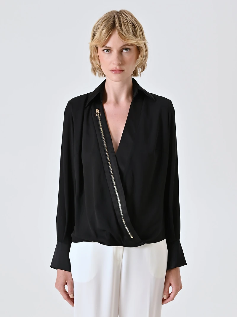 Black Shirt Blouse with Gold Zip
