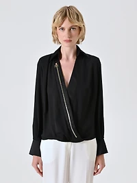 Black Shirt Blouse with Gold Zip