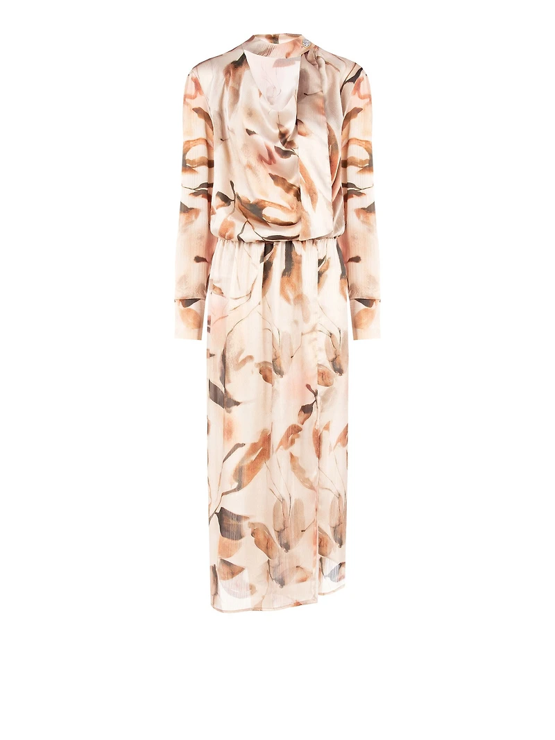 Long Asymmetrical Dress Crinkled Satin with Gemstone Button