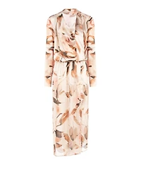 Long Asymmetrical Dress Crinkled Satin with Gemstone Button