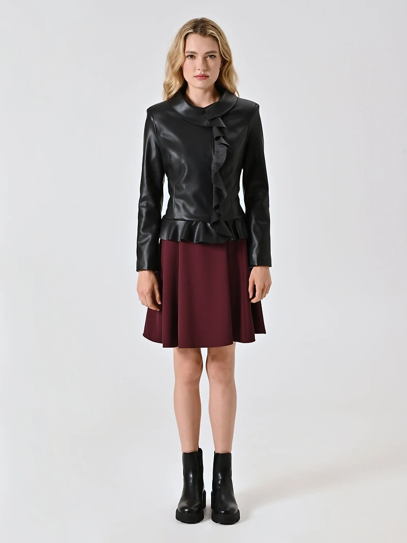 Black Faux Leather Jacket with Ruffles and Turn-down Collar