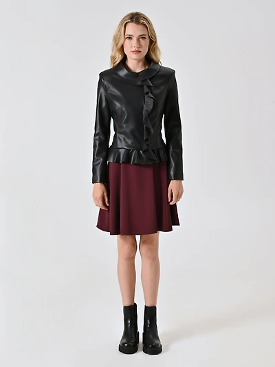 Black Faux Leather Jacket with Ruffles and Turn-down Collar