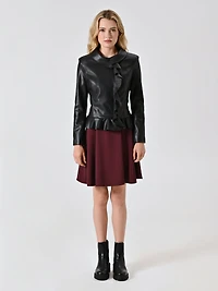 Black Faux Leather Jacket with Ruffles and Turn-down Collar