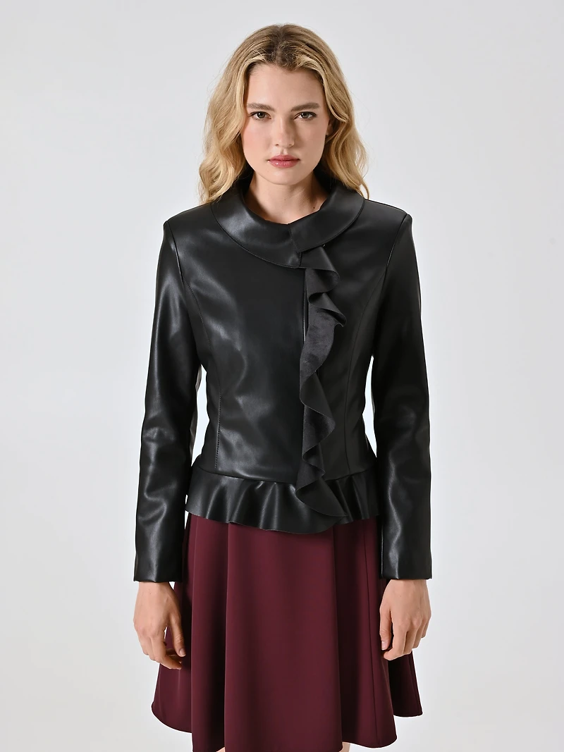 Black Faux Leather Jacket with Ruffles and Turn-down Collar