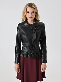 Black Faux Leather Jacket with Ruffles and Turn-down Collar