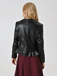 Black Faux Leather Jacket with Ruffles and Turn-down Collar