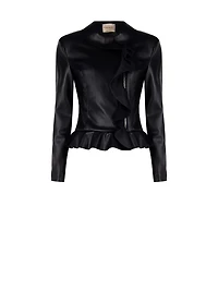 Black Faux Leather Jacket with Ruffles and Turn-down Collar