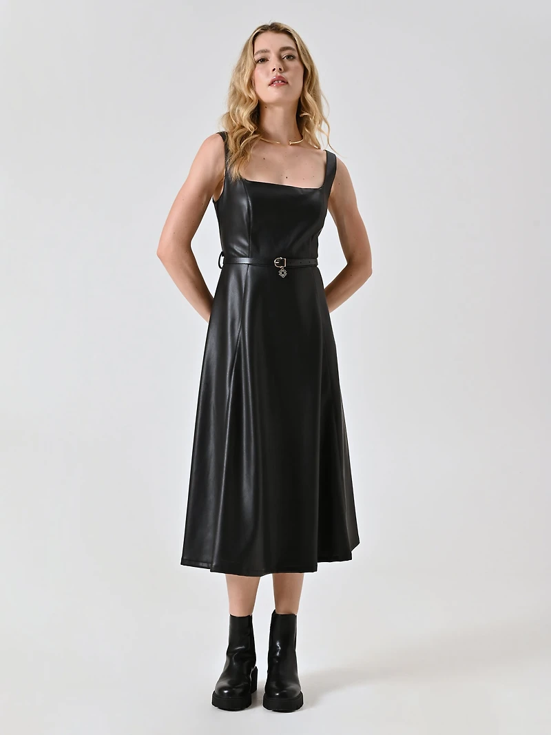 Flared Faux Leather Dress