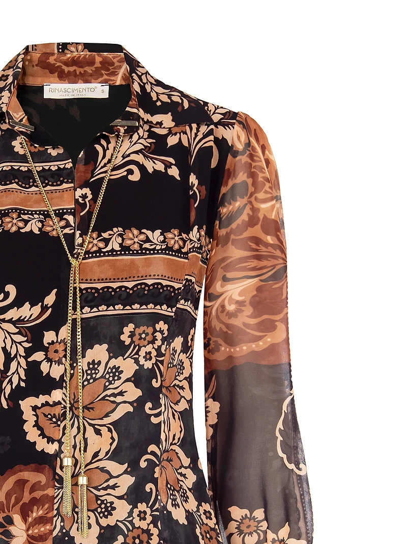 Sheer Floral Patchwork Blouse with Tie Neck