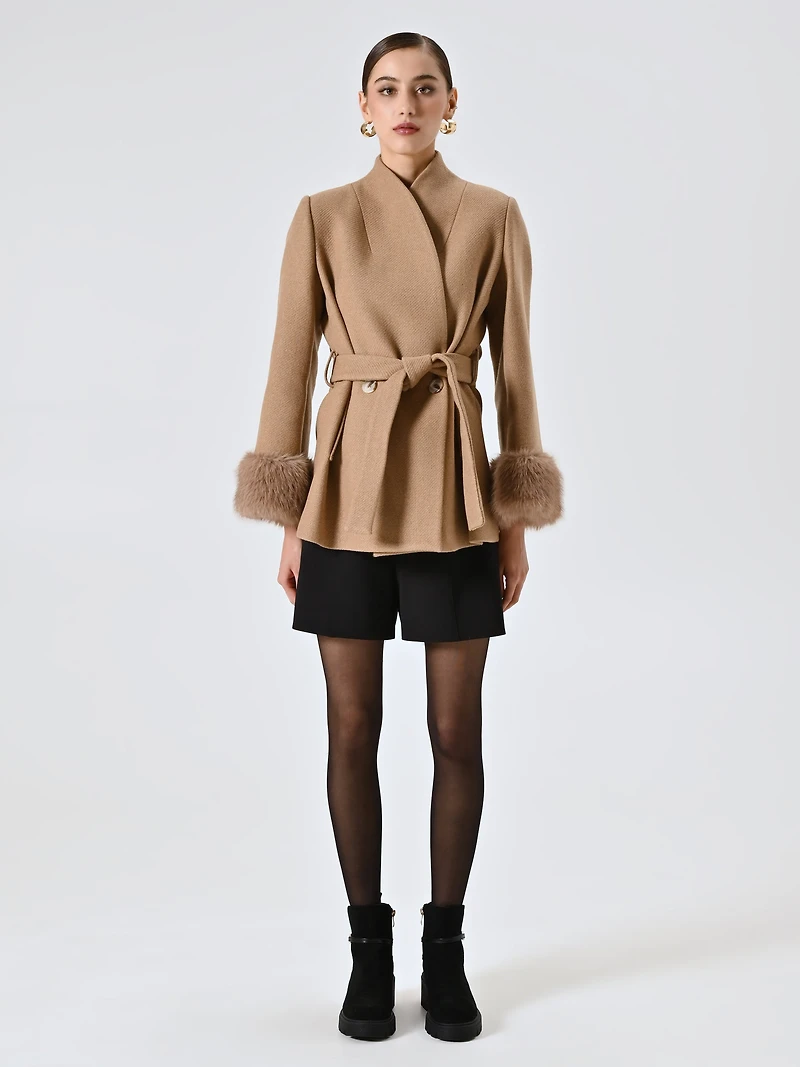 Short Coat with Fur-effect Inserts