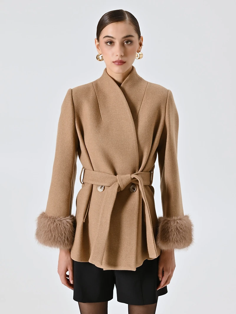 Short Coat with Fur-effect Inserts