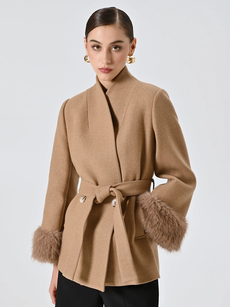 Short Coat with Fur-effect Inserts