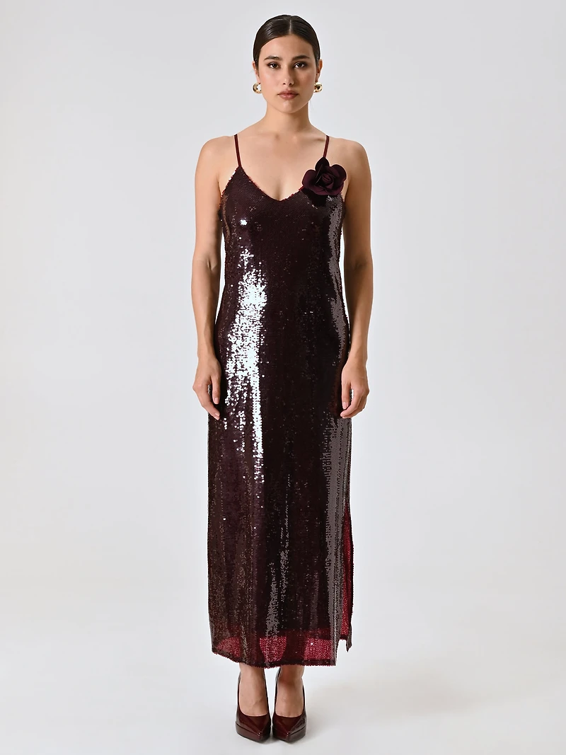 Robe bordeaux recouverte de paillettes