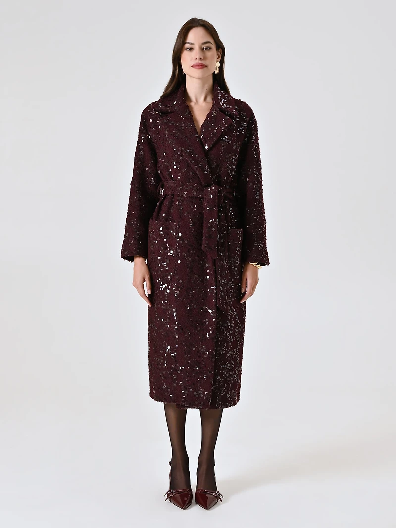Maxi Burgundy Coat Bouclé Wool and Sequins