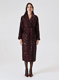 Maxi Burgundy Coat Bouclé Wool and Sequins