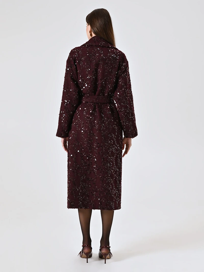 Maxi Burgundy Coat Bouclé Wool and Sequins