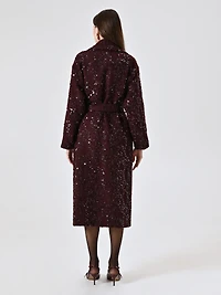 Maxi Burgundy Coat Bouclé Wool and Sequins