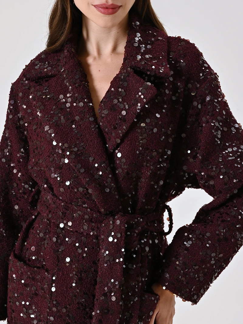 Maxi Burgundy Coat Bouclé Wool and Sequins