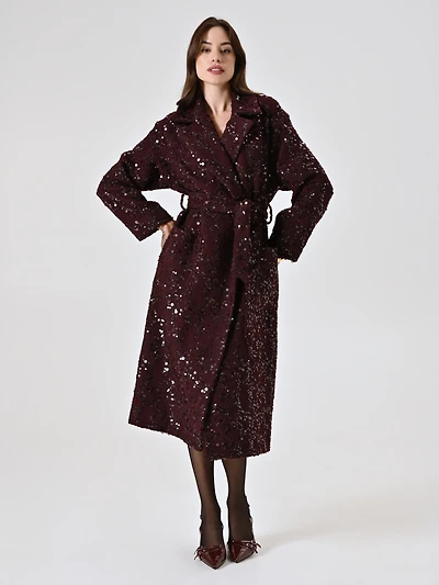 Maxi Burgundy Coat Bouclé Wool and Sequins