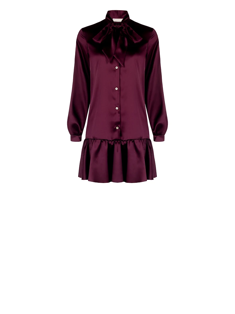 Burgundy Satin Shirt Dress with Bow